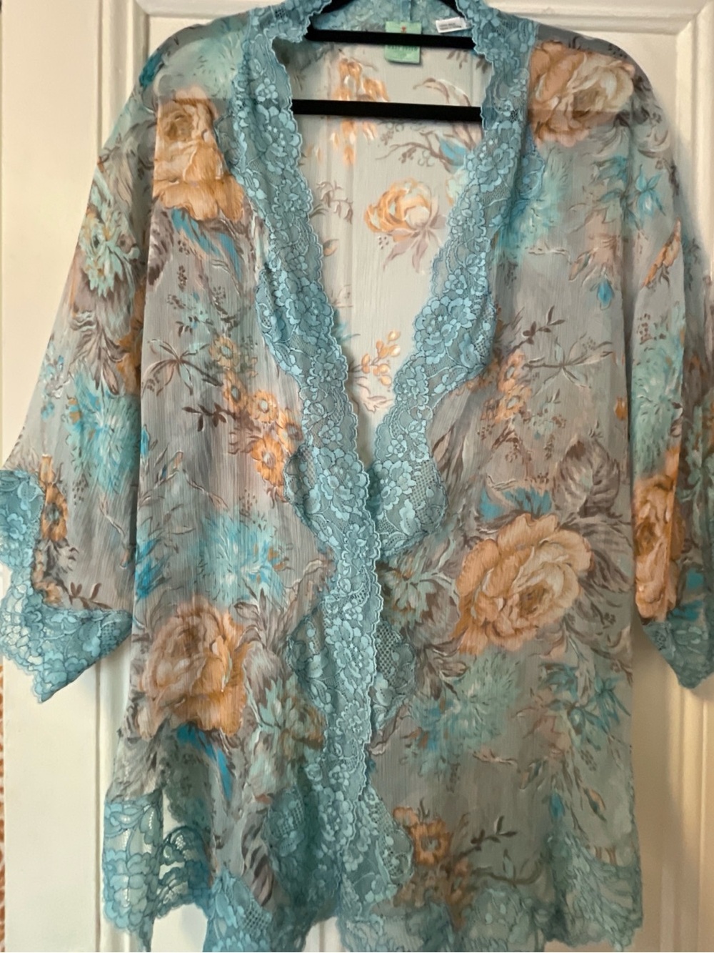 Mary Green | Aqua & Peach Silk Robe w/Lace Trim, OS ♥ EUC